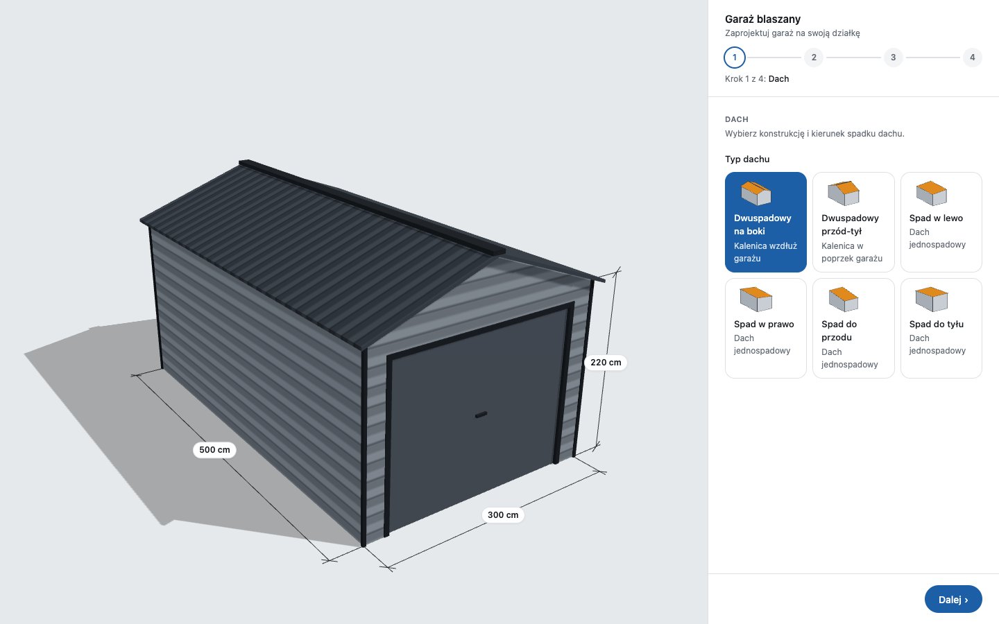 Konfigurator garażu blaszanego: model 3D garażu z bramą i liniami wymiarowymi obok kreatora z wyborem dachu