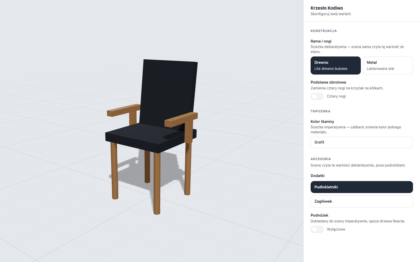 Konfigurator krzesła: model 3D krzesła obok formularza z opcjami ramy i tkaniny