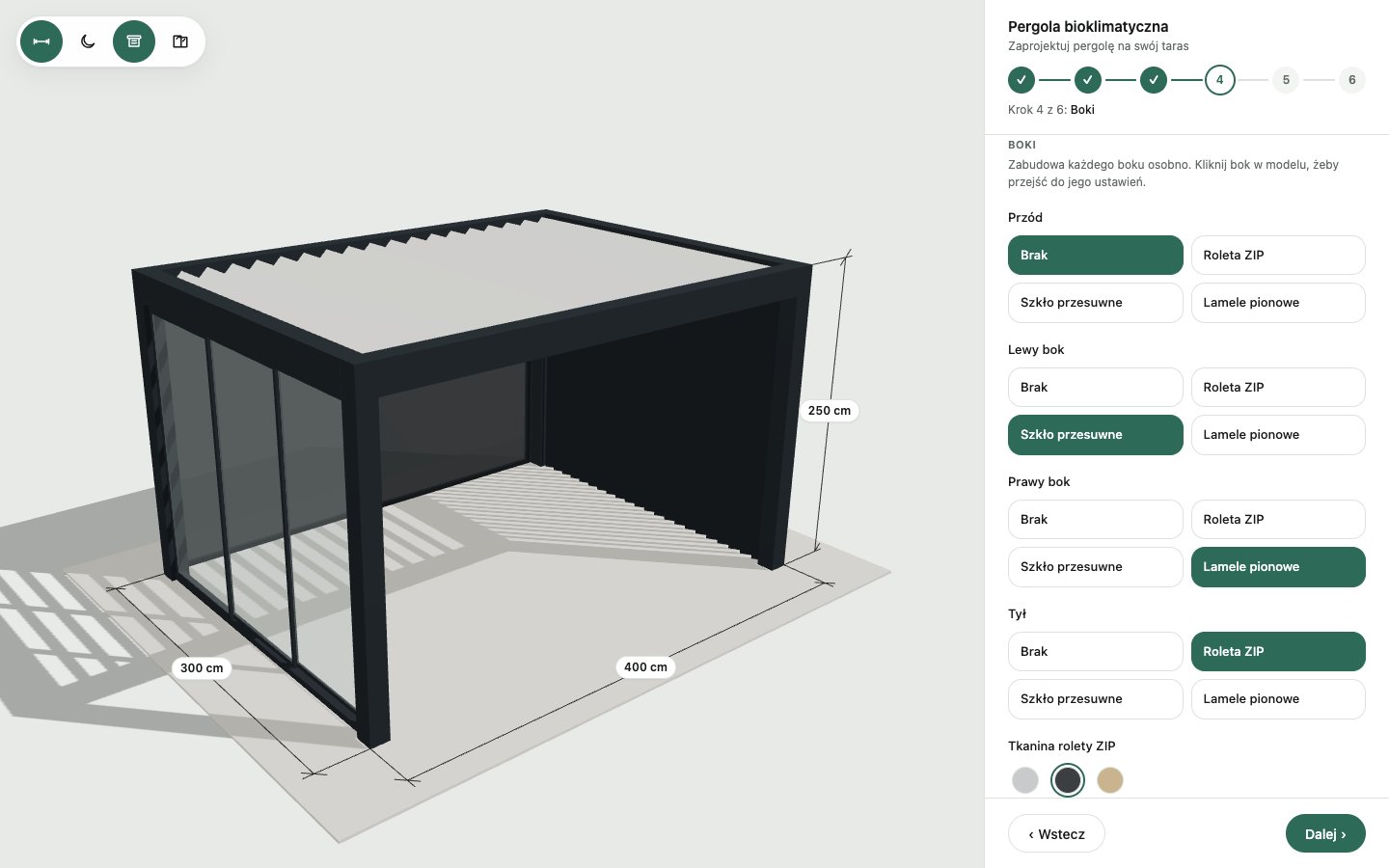 Konfigurator pergoli bioklimatycznej: model 3D pergoli z lamelami dachu, szkłem i roletą obok kreatora z zabudową boków